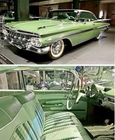 an old green car parked in a garage next to another photo of the same car