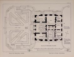 an old plan of a hospital room with floor plans for the first and second floors