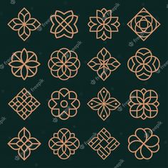 a set of nine ornamental design elements in gold on a dark green background stock photo