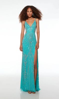 Alyce Paris 61585 Long beaded gown with a strappy back, leg slit, and side cutouts. Exquisite Gowns, Alyce Paris, Evening Dresses Prom, Beaded Dress, Prom Gown, Hand Beading, Chic Design, Dress Backs, Deep V Neck