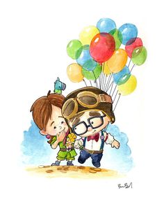 a drawing of two children with balloons in the air, one boy is wearing goggles