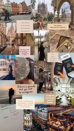 a collage of photos with people and buildings in the background, including an open book