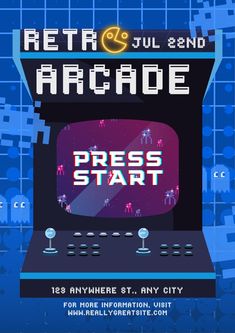 the retro arcade poster for an upcoming video game, with text that reads press start