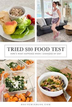 there is a woman running, salads and fruit in the kitchen with text overlay that reads tried $ 80 food test here's what happened when i changed my diet