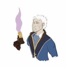 an image of a man with white hair holding a purple object in one hand and wearing a blue coat on the other