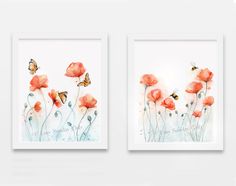 two paintings with red flowers and butterflies on the wall next to each other, one is white