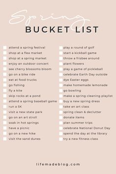 the spring bucket list is shown in pink and white with text that reads, spring bucket list