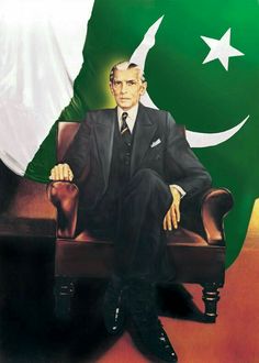 a painting of a man sitting in a chair with the flag of pakistan behind him