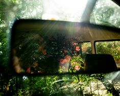 the sun shines through the trees in the rear view mirror