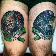 two men's legs with tattoos on them, one has an alien head and the other has a snake