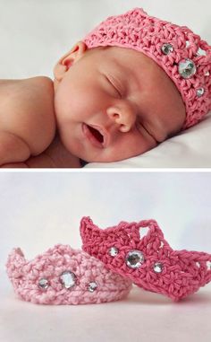 a baby wearing a pink crochet headband and smiling