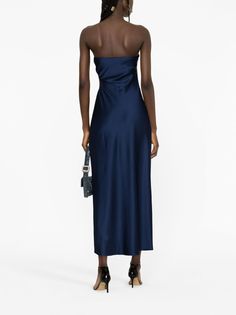 The Reformation, Midi Dress Blue, Planet People, Strapless Neckline, Satin Midi Dress, Blue Midi Dress, Midnight Blue, Mid Calf, Square Neck