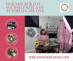 a woman sitting at a table with flowers in front of her and the words, our new build it yourself kits and tutors are live