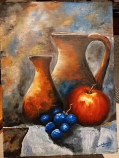 a painting of two vases and grapes on a table