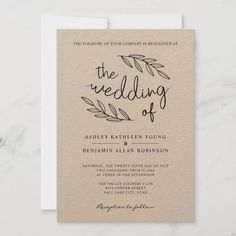 a wedding card with the word, the wedding of written on it in black ink