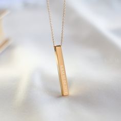 This personalized vertical bar necklace makes a beautiful and thoughtful gift for girlfriends, friends, wives, and mothers. Handmade to order from high-quality, non-tarnish, and waterproof stainless steel, this necklace is designed to be a treasured keepsake for years to come.  Personalize it by engraving names, dates, or coordinates to make it uniquely yours. D E T A I L S ✦ Material: High-quality non-tarnish, waterproof stainless steel in silver or gold color ✦ Closure: Lobster claw ✦ Adjustab Elegant Rectangular Bar Necklace As Gift, Elegant Rectangular Bar Necklace For Gift, Elegant Rectangular Bar Necklace Gift, Rectangular Necklaces With Engraved Text For Anniversary Gift, Elegant Rectangular Bar Necklace For Personalized Gift, Engraved Rectangular Bar Necklace For Anniversary, Customizable Rectangular Bar Necklace For Gifts, Rectangular Engraved Bar Necklace For Anniversary, Minimalist Rectangular Bar Necklace As Personalized Gift