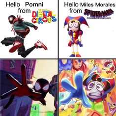 four different cartoon characters with captions in the middle one says, hello ponni from spider - man