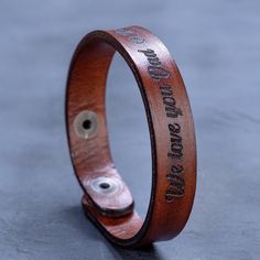 "★♡--GISTLEATHERGIFTS LEATHER PERSONALIZED BRACELET -- ♡★ This new style Personalized Leather Bracelet is made of Useful, stylish and premium quality leather. Our Leather Unisex bracelet is,  ◉made for functional luxury. ◉designed stong enough to last a lifetime- Lifetime warranty ◉handcrafted by a skilled craftman ◉stylish enough to make a great impression for all special occasions.  ◉Our leather adjustable bracelet are completely handmade ◉No artificial, synthetic or cardboard used ◉we use 1st Adjustable Stamped Brown Bracelets, Adjustable Bracelets With Engraving Option For Promise, Adjustable Engraved Wristband Bracelet, Adjustable Wristband Bracelet For Father's Day, Adjustable Brown Band Bracelet, Vintage Brown Engraved Bracelets, Adjustable Vintage Wristband Bracelet, Leather Mens Bracelet, Personalized Cuff Bracelets