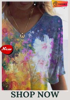 Floral Vacation V Neck Cotton-blend T-shirt Holiday Dates, Floral Sleeve, Fashion Prints, Neck T Shirt, Print T Shirt, Types Of Sleeves, Cotton Blend, V Neck, T Shirts