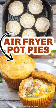 an air fryer pot pie is shown with the title above it and below it