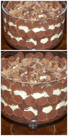 two pictures of a cake with chocolate and nuts on top