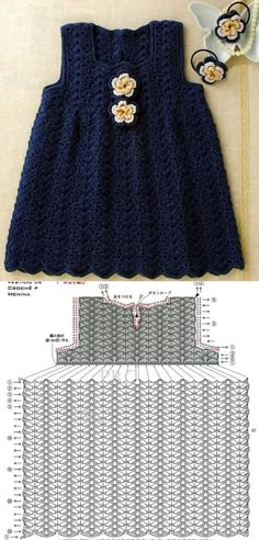 a crocheted dress with flowers on the front and side, next to an image of