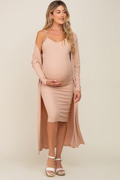 Beige Ribbed Cardigan 2 Piece Maternity Set– PinkBlush Ribbed Maternity Dress For Spring, Spring Ribbed Dress For Layering, Spring Ribbed Maternity Dress, Maternity Dress With Cardigan, Two Piece Set Dress, Maternity Cardigan, Dress Straps, Cute Maternity Outfits, Ribbed Cardigan