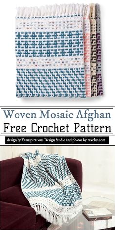 a crocheted afghan is shown with text that reads woven mosaic afghan free crochet pattern