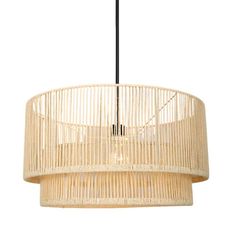 a bamboo chandelier hanging from a ceiling fixture with a black metal rod and light bulb