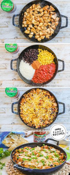 four different types of food in pans on top of a wooden table with labels