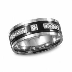 men's wedding band with channeled diamonds in 18k white gold and black ceramic