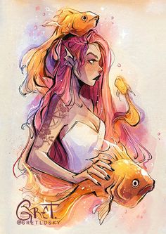 a drawing of a woman with pink hair holding a fish in her hand and looking at the camera