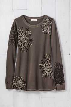 Celebrate the season in a top that’ll steal the snow. Shadow-printed with snowflakes all over, and embellished on the front with lofty chenille and metallic threads. Uniquely dyed for subtle, one-of-a-kind color variations. Coldwater Creek, Metallic Thread, The Snow, Sleeve Cotton, Cotton Spandex, Color Variations, Celebrities, Long Sleeve, Fabric