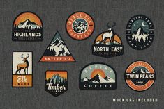 various badges and stickers on a gray background