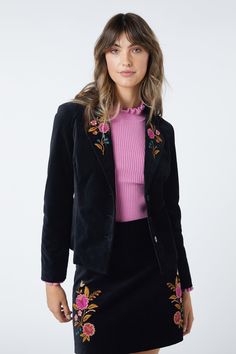 black Decorative Embroidery, Princess Highway, Embroidered Velvet, Fitted Style, Velvet Jacket, Embroidered Jacket, Notched Collar, Hip Length, Deep V