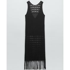 Crocheted Midi Dress. Sleeveless Design And Round Neckline. Back Neckline Detail. Fringe Trim. Black 7901/182 #Ht-M #Hi- S/L Chic Sleeveless Crochet Evening Dress, Black Sleeveless Crochet Beach Dress, Black Sleeveless Crochet Dress For Beach, Sleeveless Crochet Dress For Spring Evenings, Black Sleeveless Crochet Evening Dress, Chic Black Sleeveless Crochet Dress, Sleeveless Crochet Dress By Zara For Vacation, Zara Sleeveless Crochet Dress, Casual Black Sleeveless Crochet Dress