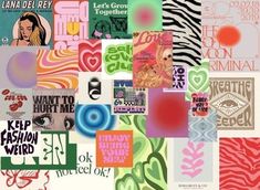 a collage of various posters with different colors and designs on them, including zebra print