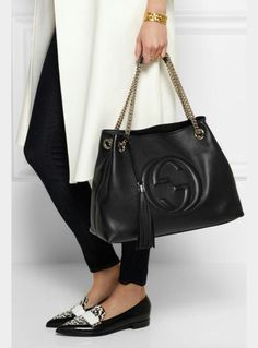 BAG LADY COLLECTION   Gucci   Gucci Soho Black Medium Double Chain Shoulder Handbag bag New leather Purse • Measurements: Length: 15" Width: 4.75" Height: 10.75" Shoulder strap drop: 10.5" ◦ Cotton linen lining.  ◦ Made in Italy. 536196 A7M0G. Style number ◦ Authentic. New w tags. Controllo card. matching wallets sold seperately ◦ a medium size soho shoulder bag with double chain shoulder straps  and an embossed interlocking g. made in our light, natural grain leather. ◦ Leather Natural cotton l Gucci Soho Bag, Gucci Messenger Bags, Gucci Soho, Black Leather Satchel, Gucci Tote, Gucci Shoulder Bag, Black Leather Tote, Black Leather Handbags, Black Leather Bags