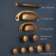 an assortment of brass knobs and handles on a blue background with text describing how to use them