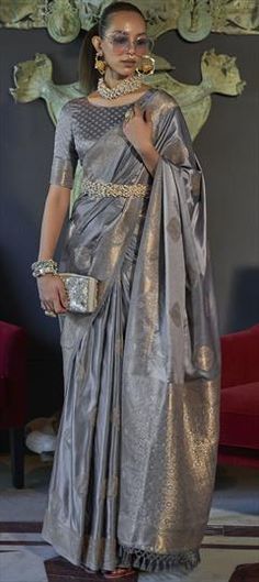 Silver color Saree in Satin Silk, Silk fabric with Weaving work Party Wear Traditional, Traditional Saree, Saree Trends, Design Dresses, Indian Dress, Neck Piece