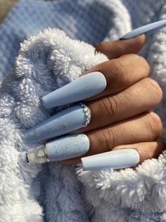 Matte Light Blue Nails, Light Blue Nails Coffin, Light Blue Nails With Glitter, Quinceañera Nails, Anytime Nails, Boba Party, Baby Blue Acrylic Nails, Sky Blue Nails, Quinceanera Nails