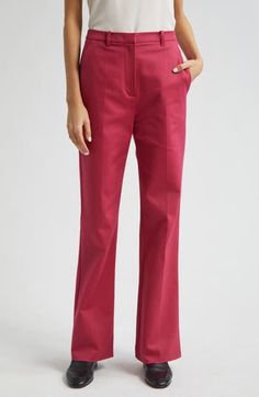 Look impeccable from one meeting to the next in these polished cotton-blend pants designed with flared legs. Zip fly with hook-and-bar closure Front slant pockets; back welt pockets 56% cotton, 40% viscose, 4% elastane Dry clean Imported Elegant Red Cotton Bottoms, Fitted Wide-leg Cotton Dress Pants, Fitted Wide Leg Cotton Pants With Welt Pockets, Fitted Cotton Wide Leg Pants With Welt Pockets, Fitted Cotton Wide-leg Dress Pants, Fitted Cotton Wide Leg Pants With Pockets, Chic Formal Cotton Dress Pants, Classic Flare Pants With Pockets, Formal Cotton Wide Leg Pants With Welt Pockets