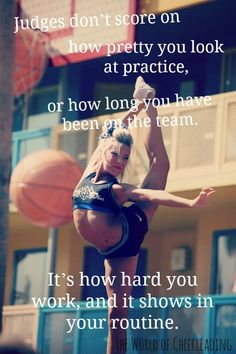 a woman doing a trick on a basketball court with the words judges don't score on how pretty you look at practice, or how long you have been on the team