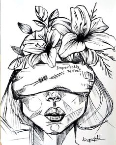 a drawing of a woman with flowers on her head, wearing a visor hat