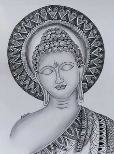 a black and white drawing of a buddha statue with intricate designs on it's head