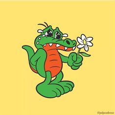 a cartoon alligator holding a flower and giving the thumbs up