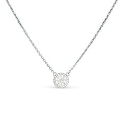 Surprise the one you adore with this classic 18K white gold Diamond Halo Pendant Necklace. The shimmering pendant showcases a classic round brilliant cut diamond artfully set to enhance size and sparkle - wrapped in a pave-lined white diamond halo. This radiant look is one she'll turn to often, everyday and on special occasions. An amazing and thoughtful anniversary gift for your loved one.
1.50 carat F Si1
0.15 carat pave setting
18k white gold
The Pendant design can be customized to Lab Grown Diamond Round Pendant Necklace With Brilliant Cut, Formal Diamond White Pendant Diamond Necklace, Lab Grown Diamond Pendant Necklace, Formal Diamond White Pendant Necklace, Brilliant Cut Pendant Diamond Necklace In Fine Jewelry Style, White Solitaire Necklace With Diamond Cut Round Pendant, Fine Jewelry Diamond Pendant Necklace With Halo Setting, Lab Grown Diamond Solitaire Pendant Necklace, Diamond Cut White Diamond Pendant Necklace