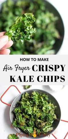 how to make air fry crispy kale chips in a skillet with text overlay