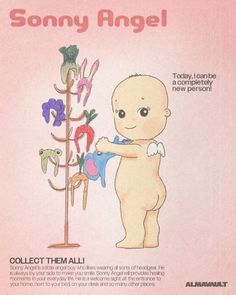 an advertisement for the company called tommy angel, featuring a baby holding a toy in front of a tree with flowers