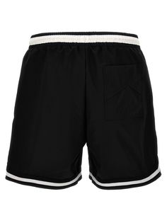 Rhude Basketball swimsuit in technical fabric with front logo print, elastic and drawstring at the waist, pockets, hem with trimmings. Composition: 100% polyester Sporty Nylon Swimwear For Poolside, Black Polyamide Sports Swimwear, Black Nylon Swimwear With Drawstring, Black Polyamide Swimwear For Sports, Athleisure Nylon Swim Trunks With Side Pockets, Sporty Swim Trunks For Poolside, Sporty Polyamide Swimwear For Swimming, Sports Nylon Swimwear With Drawstring, Sports Swimwear With Drawstring In Nylon